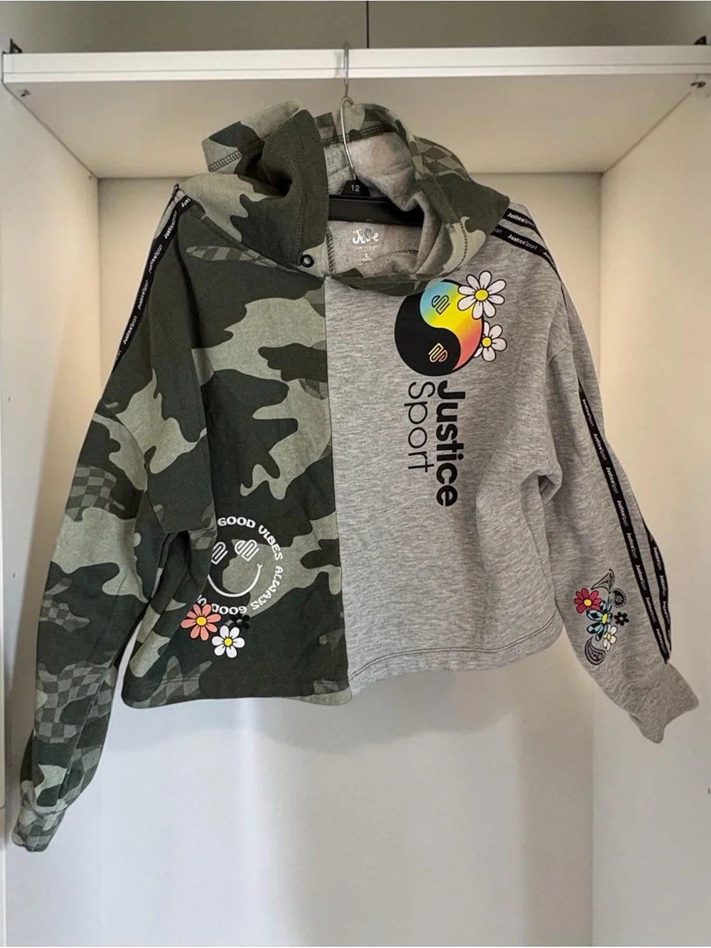 Justice Two-Tone Green Camo and Gray Hoodie with Daisy Graphics